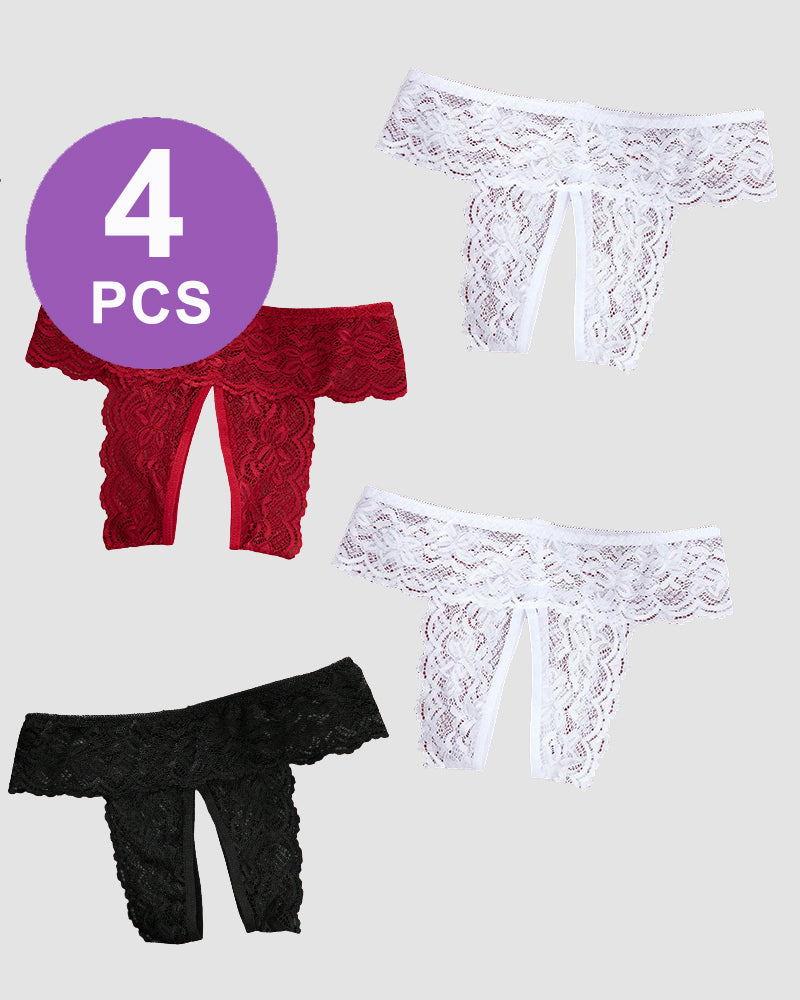 Plus Size Open Crotch Lace Panties Set - Red, White, Black Lace Briefs (4 PCS)
