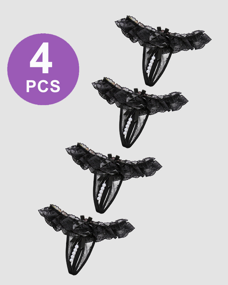 Set of 4 Black Lace Crotchless Panties with Pearl Accents. Low rise, exquisite lace design.