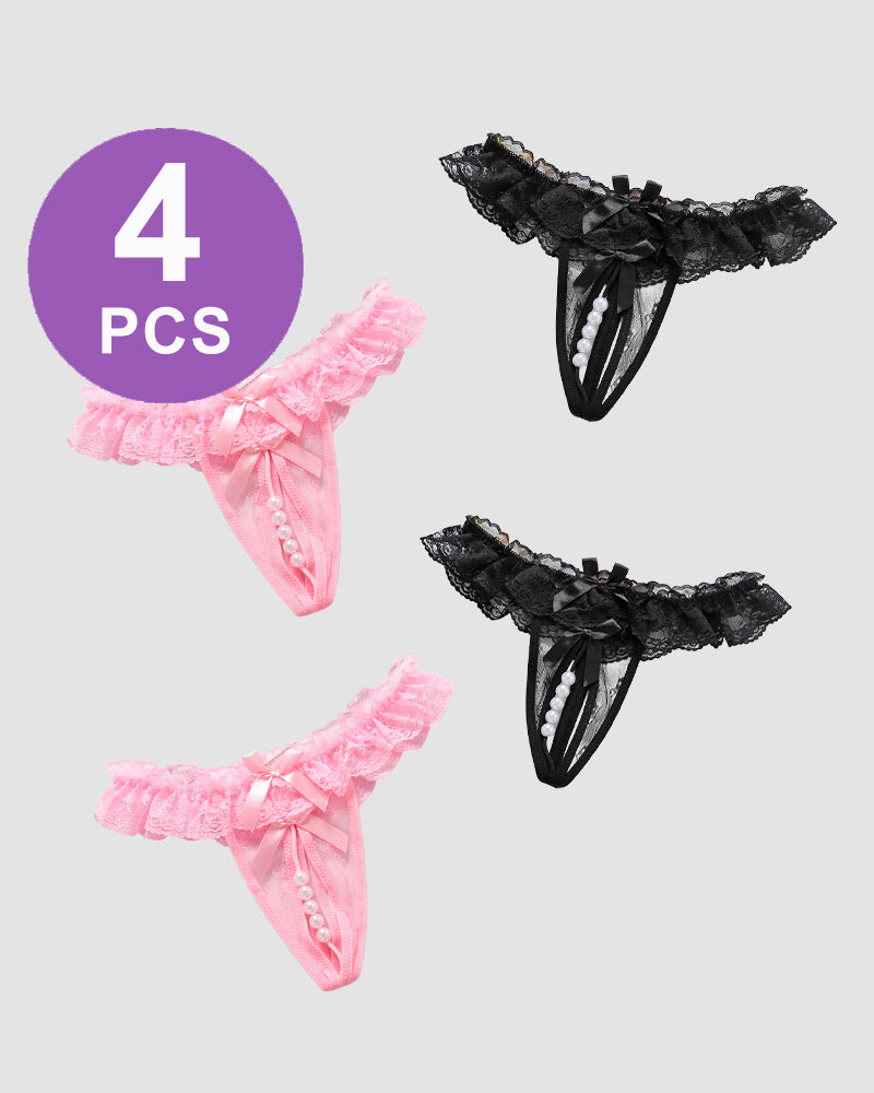 Set of 4 Beaded Lace Crotchless Panties in Pink and Black with Pearl Accents