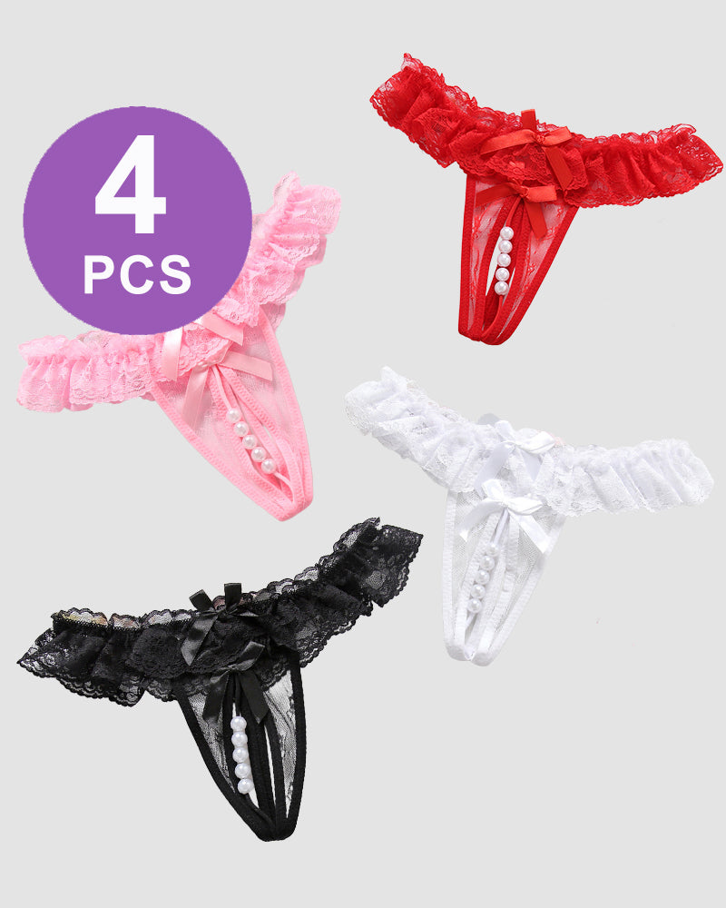 Set of 4 Beaded Lace Crotchless Panties in Pink, Red, White, and Black with Pearl Accents