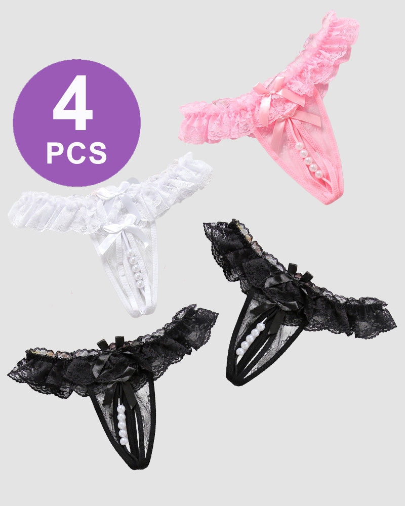 Set of 4 Beaded Lace Crotchless Panties in Pink, White, and Black with Pearl Accents