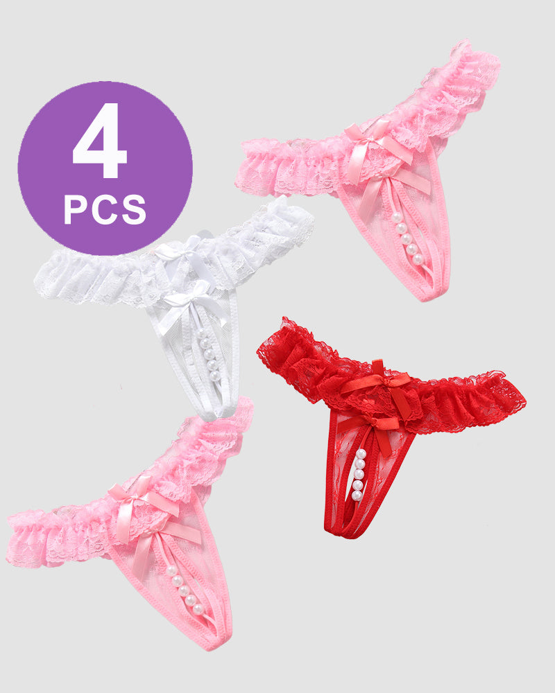 Set of 4 Beaded Lace Crotchless Panties in Pink, White, and Red with Pearl Accents
