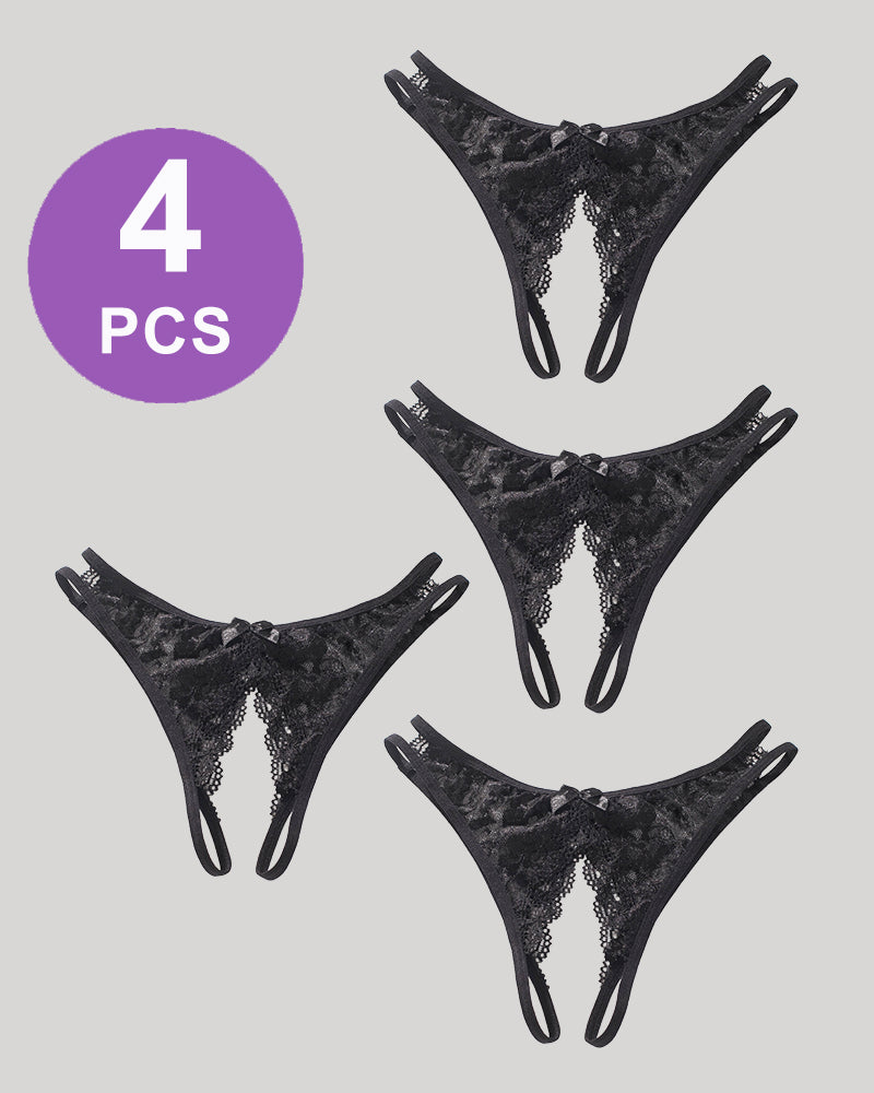 Avidlove 4-piece black lace open-cut panties set with bow details, low rise, and open crotch design