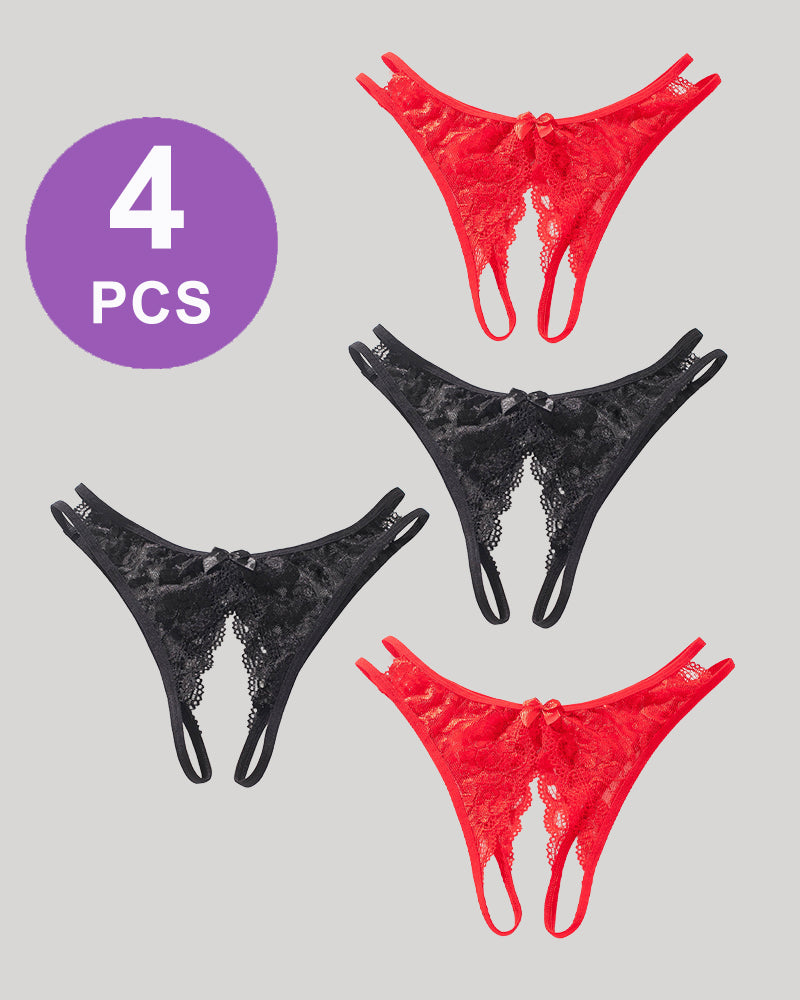 Avidlove 4-piece lace open-cut panties set in red and black, bow detail, open crotch