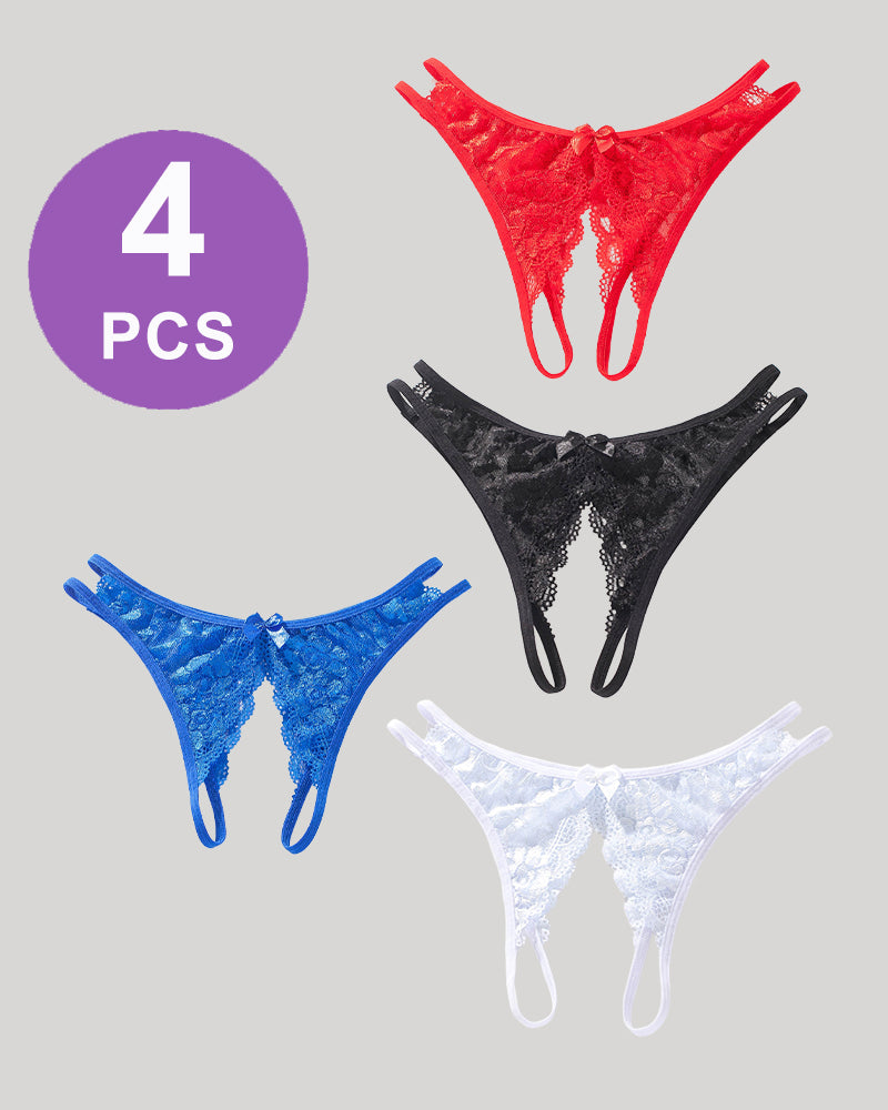Avidlove 4-piece lace open-cut panties set in red, black, blue, and white, featuring bow details