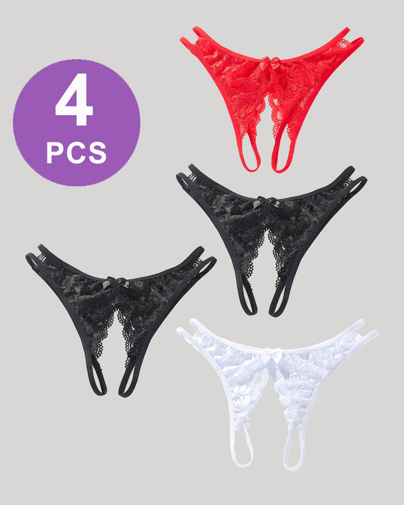 Avidlove 4-piece lace open-cut panties set with bows, open crotch, in red, black, and white.