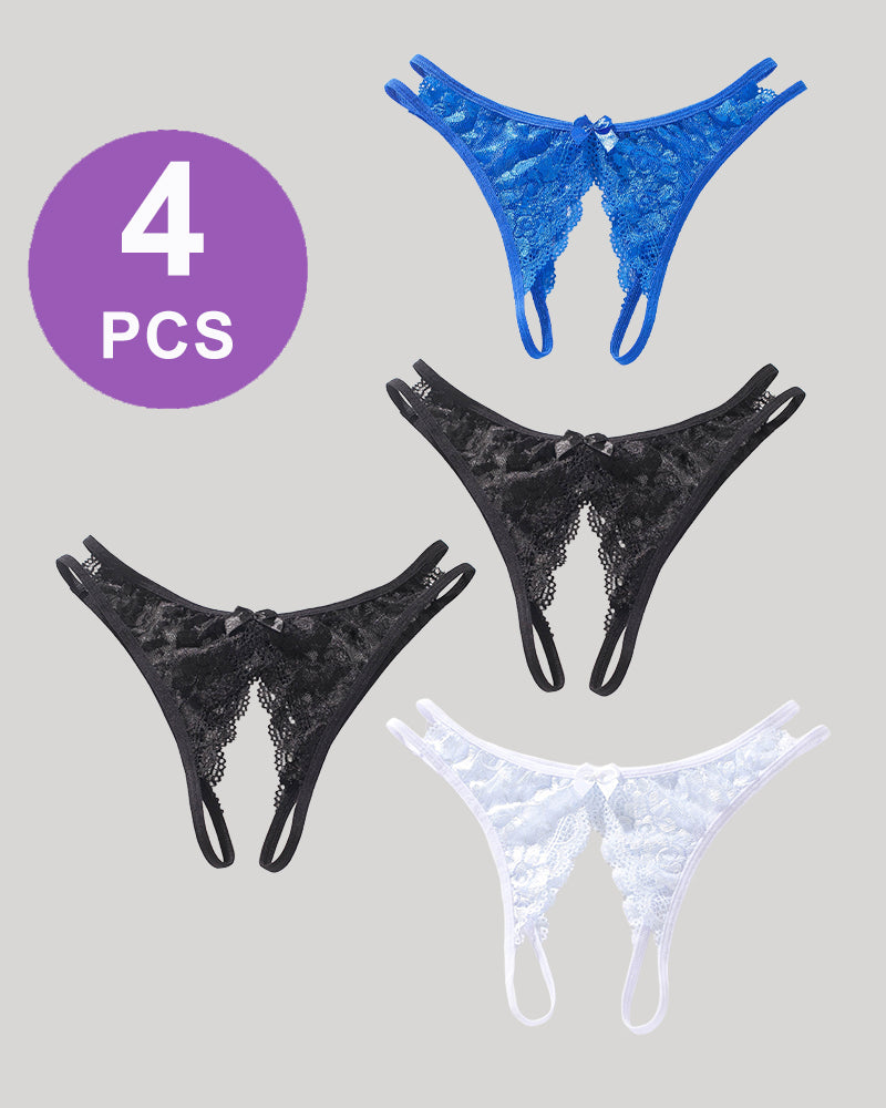 Avidlove 4-piece lace open-cut panties set with bows, open crotch, in blue, black, and white. 4 PCS.