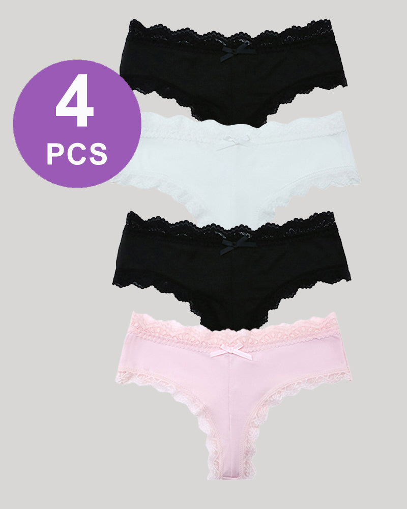 Hipster Lace Trim Seamless Panty Set - 4 PCS, featuring lace trim in black, white, and pink colors