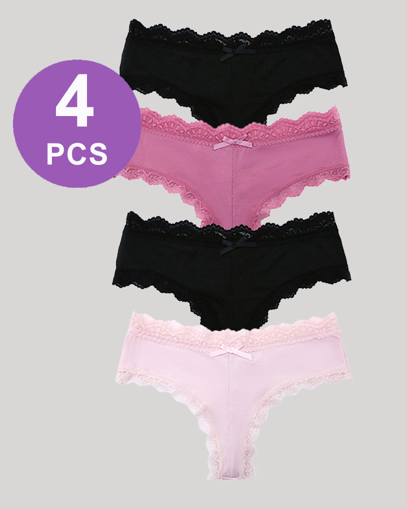 Hipster Lace Trim Panty Set - 4 PCS in black and pink, featuring delicate lace and bow details