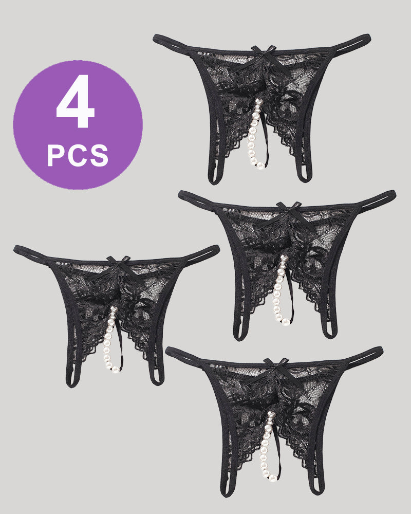 Black lace pearl G-string thongs set of 4, low rise T-back panties