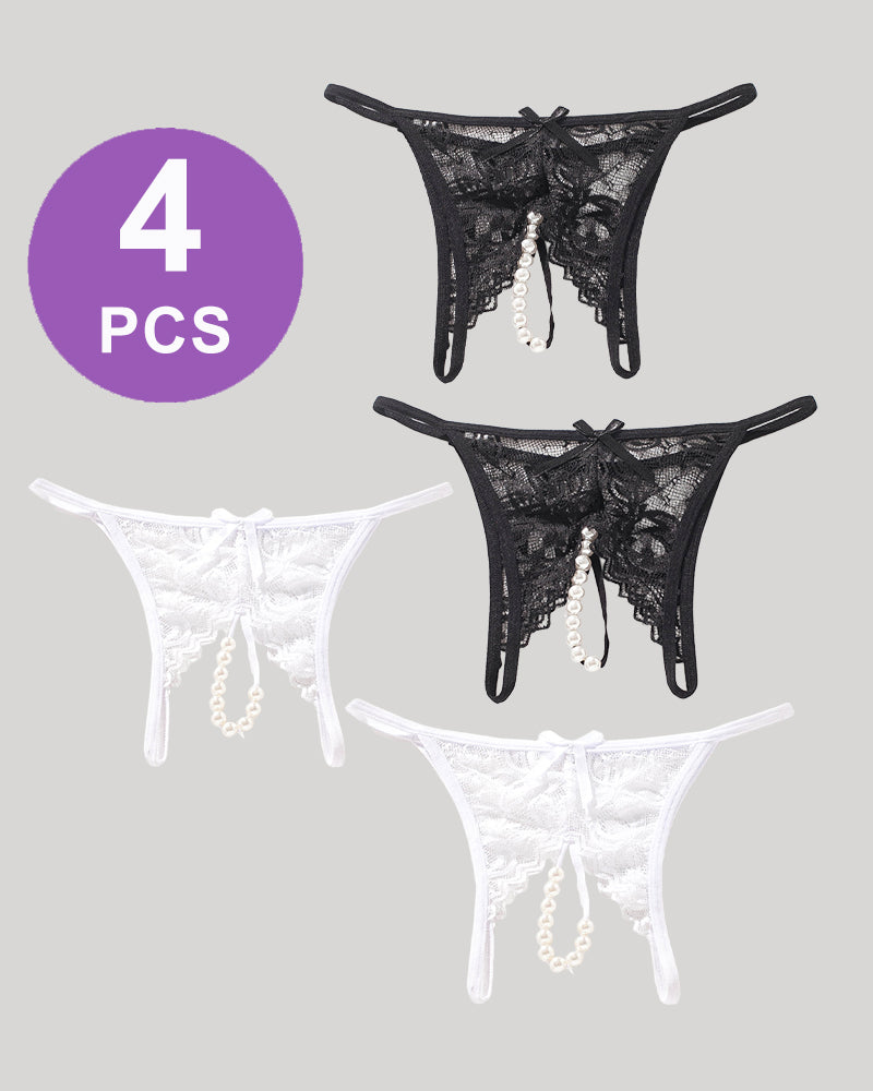 Lace Pearl G-String Thong Panty Set of 4 in Black and White, Low Rise T-Back with Pearl Accents