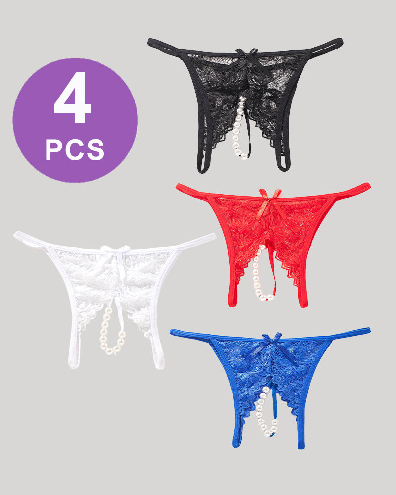 Four Lace Pearl G-String Thongs: Black, Red, White, Blue. Low rise, T-back, and includes 4 pieces.
