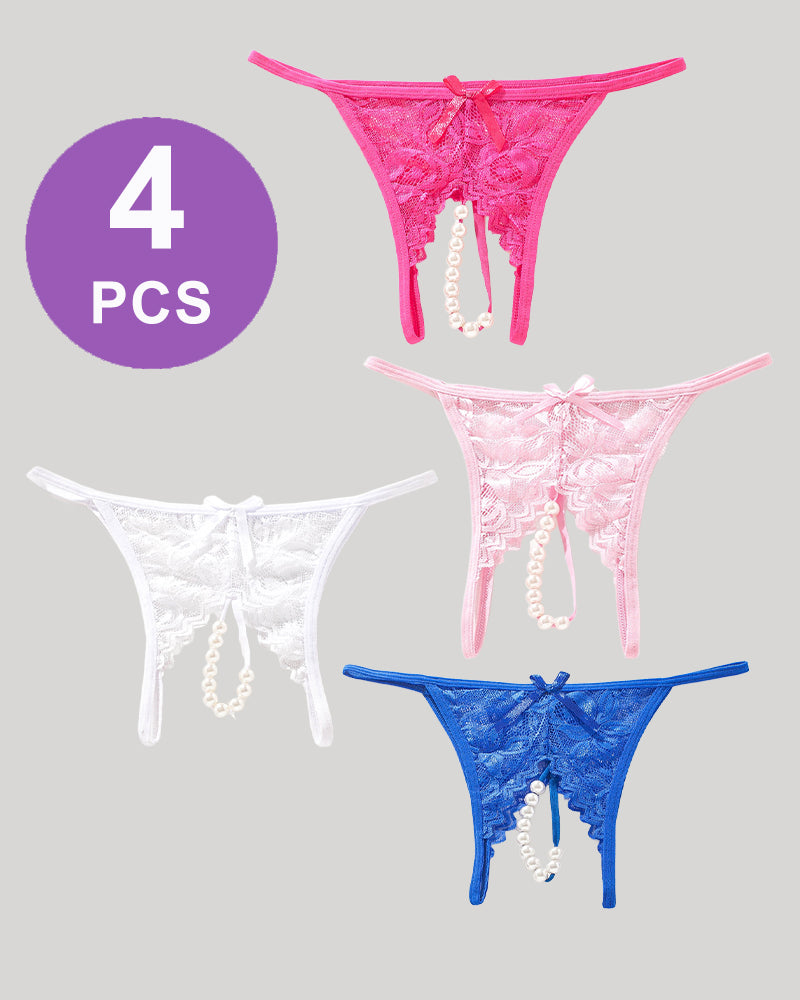 4-Piece Lace Pearl G-String Thong Set: Pink, White, Light Pink, Blue, Low Rise T-Back