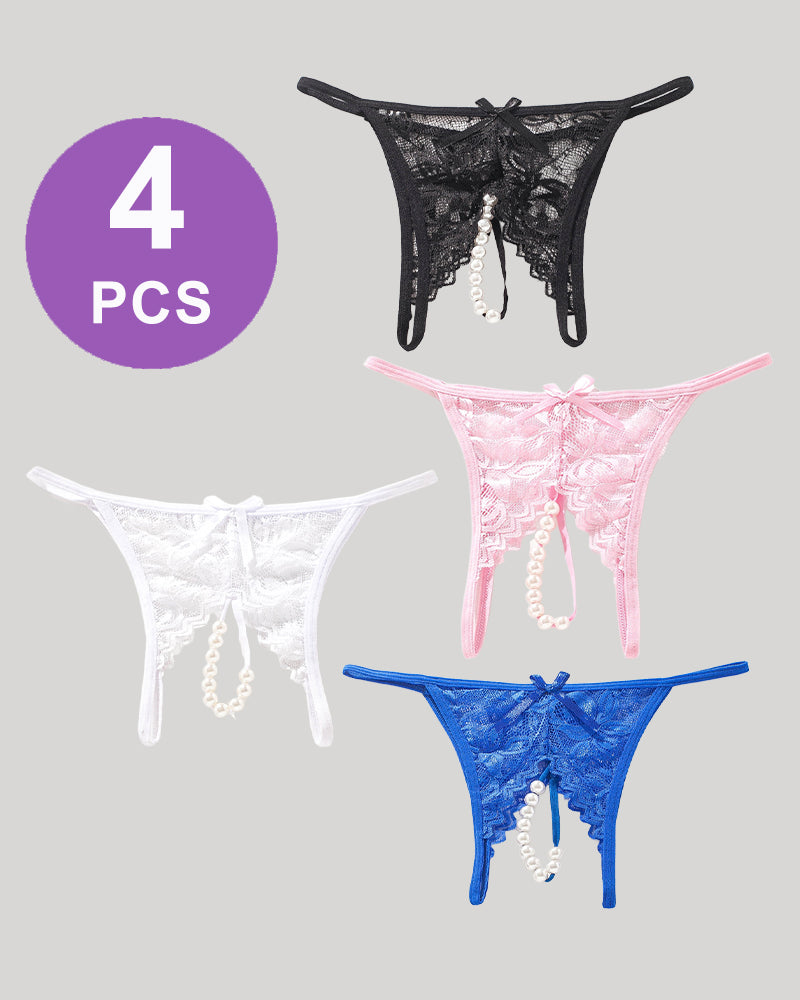 Lace Pearl G-String Thong Set of 4: Black, Pink, White, Blue. Low Rise T-Back