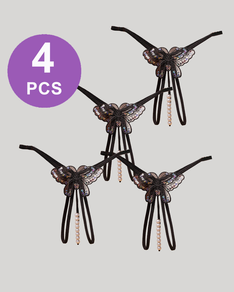 Pearl Sequined Mesh Low Rise Panty Set - 4 PCS, butterfly design, black with pearl accents