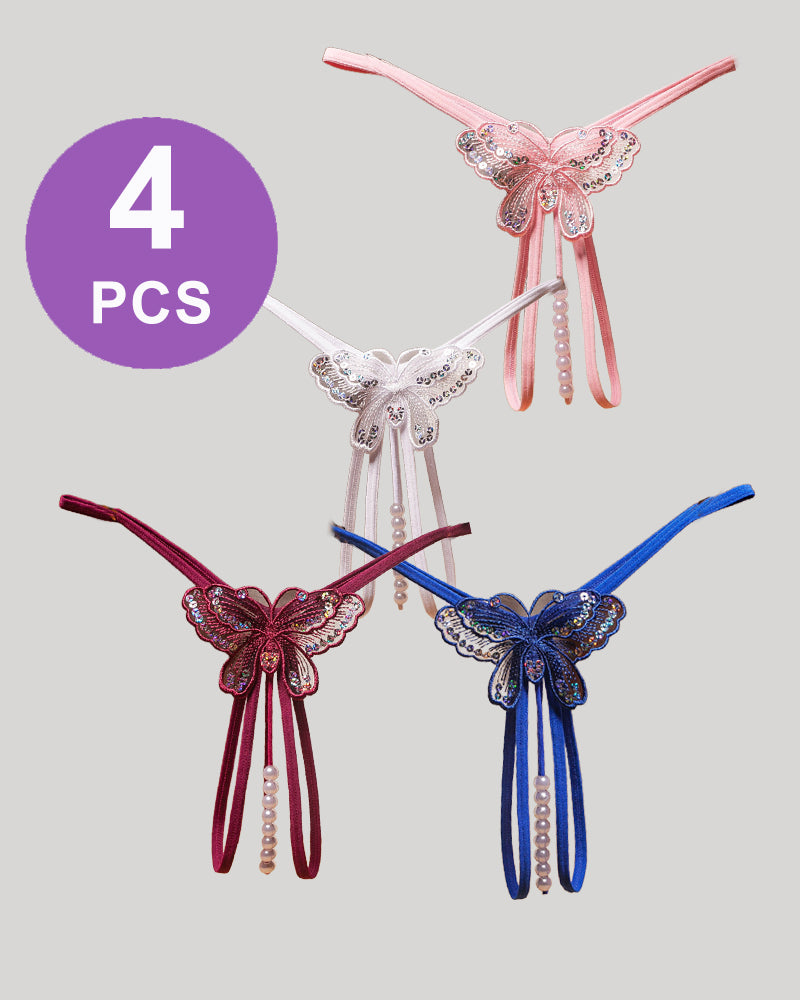 Pearl Sequined Mesh Low Rise Panty Set - 4 PCS, butterfly design in multiple colors.