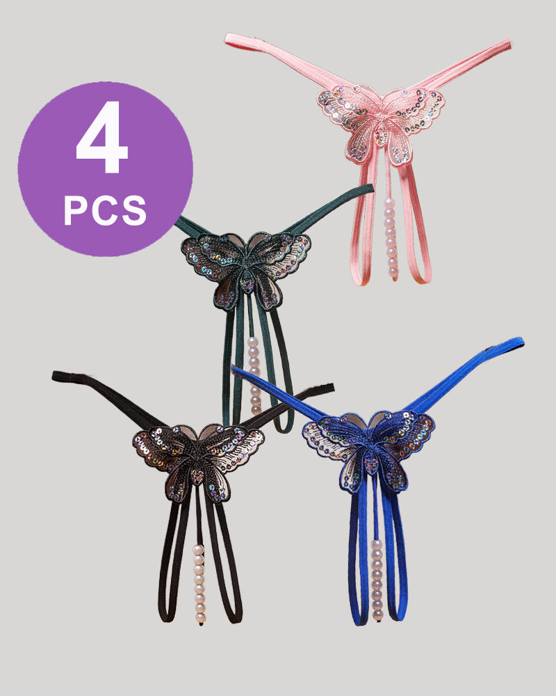 Pearl Sequined Mesh Low Rise Panty Set - 4 PCS, butterfly design in multiple colors, sexy lingerie