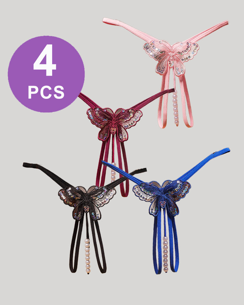 Pearl Sequined Mesh Low Rise Panty Set - 4 PCS, butterfly design, multiple colors, sexy lingerie
