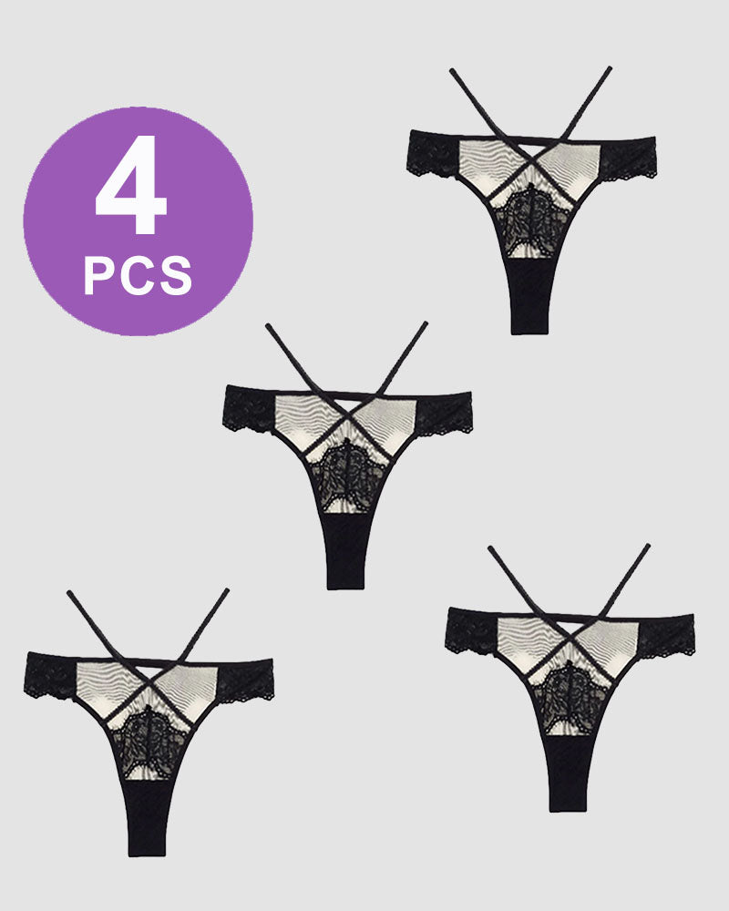 Black lace mid-rise thong panties with criss-cross and cut-out details, 4 PCS set