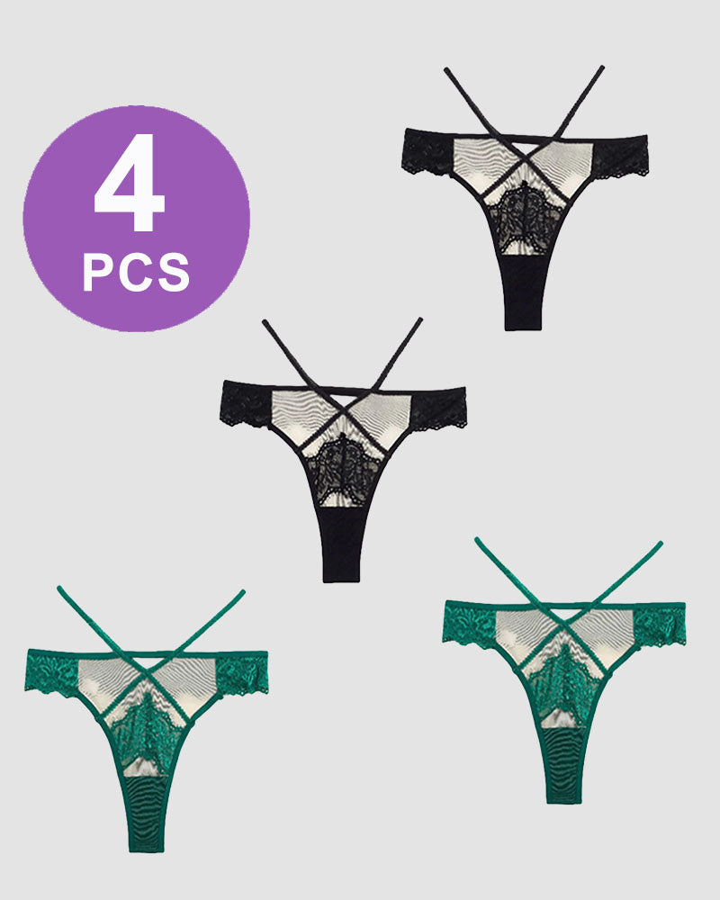 Lace mid-rise thong panties, criss-cross and cut-out details, 4 PCS set
