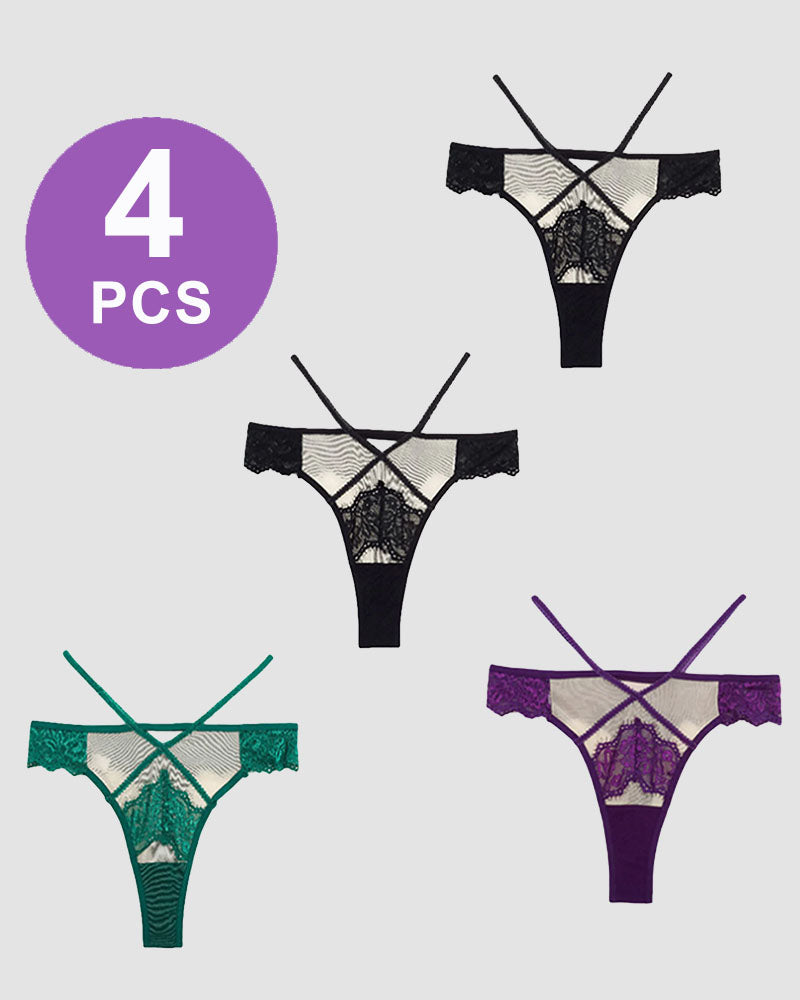 Lace mid-rise thong panties set with criss-cross and cut-out details in multiple colors, 4 PCS