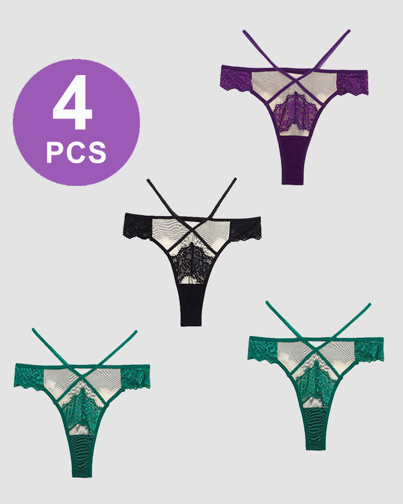 Lace mid-rise thong panties in multiple colors, featuring criss-cross and cut-out details, 4 PCS set