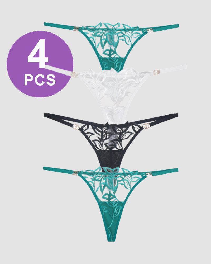 Embroidered lace thong panty set of 4. Floral lingerie in teal, white, and black with gold accents.
