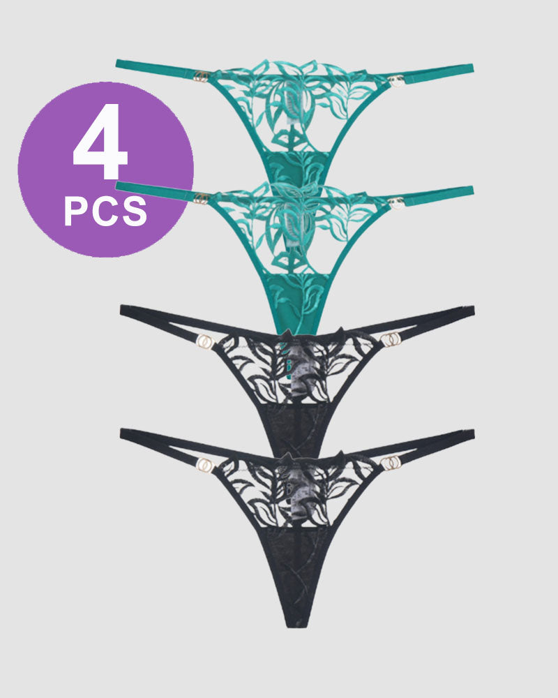 Embroidered lace thong panty set of 4. Teal and black floral lingerie, sweet and seductive.