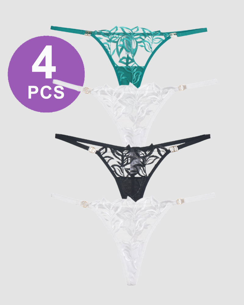 Embroidered lace thong panty set of 4 in teal, white, and black. Floral lingerie with gold accents.