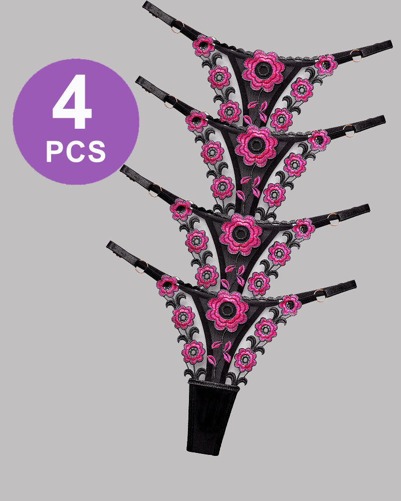 Low waist thong panty set with pink floral embroidery, black lace, and metal decoration - 4 PCS