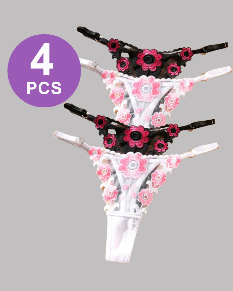 4 PCS Low waist thong panties set with pink floral embroidery and black lace
