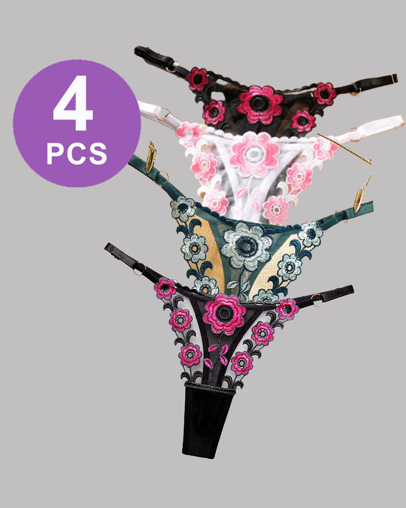4 PCS Low waist thong panty set with pink floral embroidery and lace details