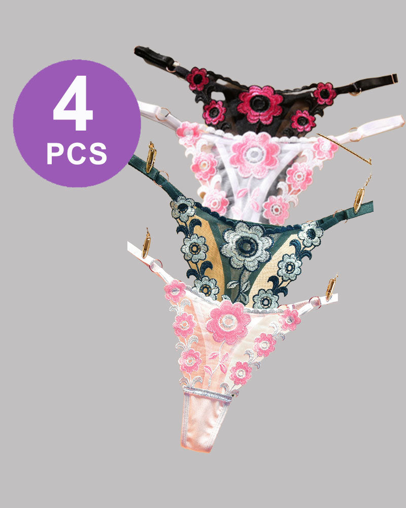 4 PCS Low waist thong panties set with floral embroidery and lace details