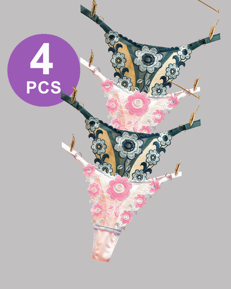 Low waist thong panty set with pink floral embroidery and lace - 4 PCS