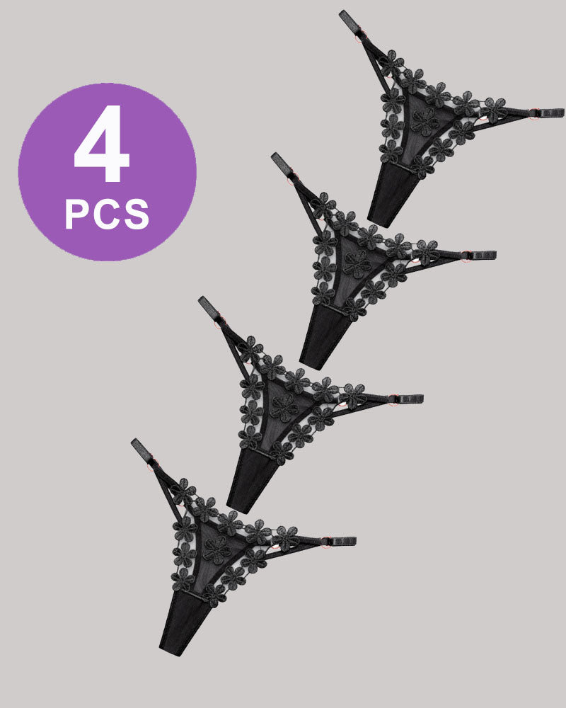 Set of 4 black floral lace panties with mesh and embroidery, a feminine lingerie choice.