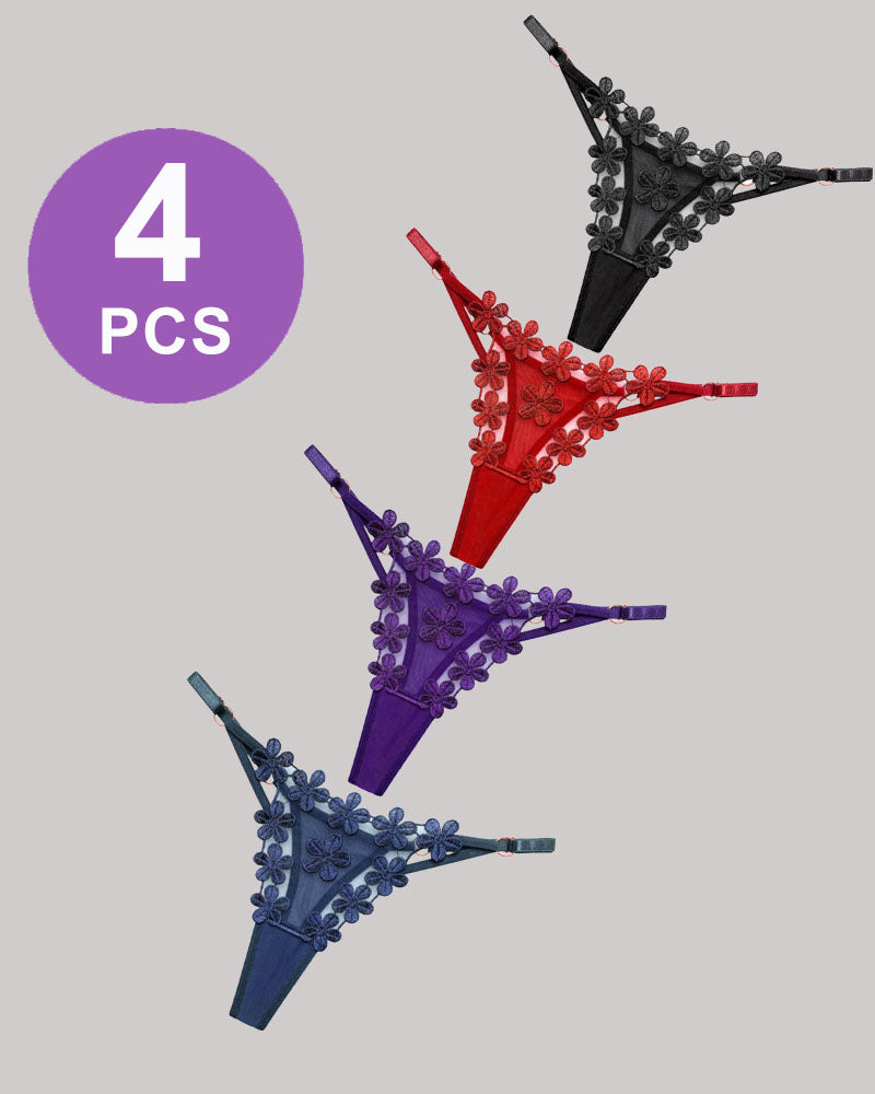 Flower Embroidery Mesh Lace Panties Set of 4 in various colors, floral lace design