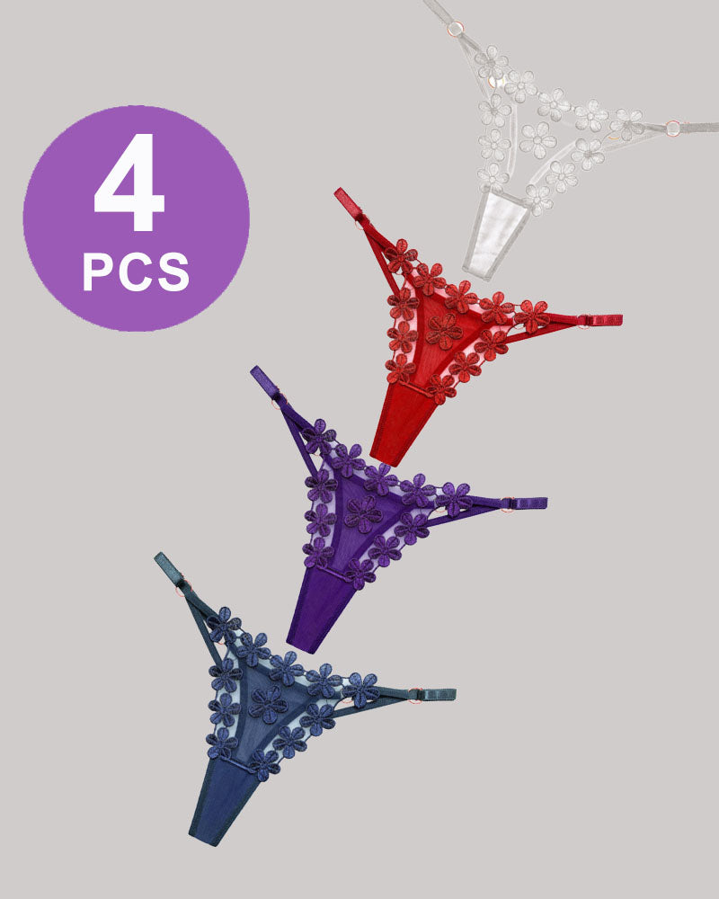 Set of 4 floral lace thong panties with floral lace design in red, purple, navy, and white.