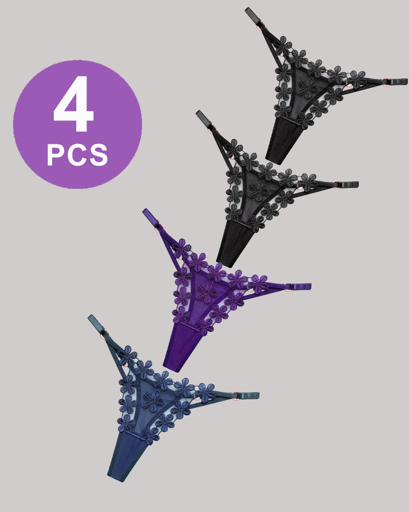 Flower lace thong panties set of 4 in black, purple, and navy. Floral design and mesh detail.