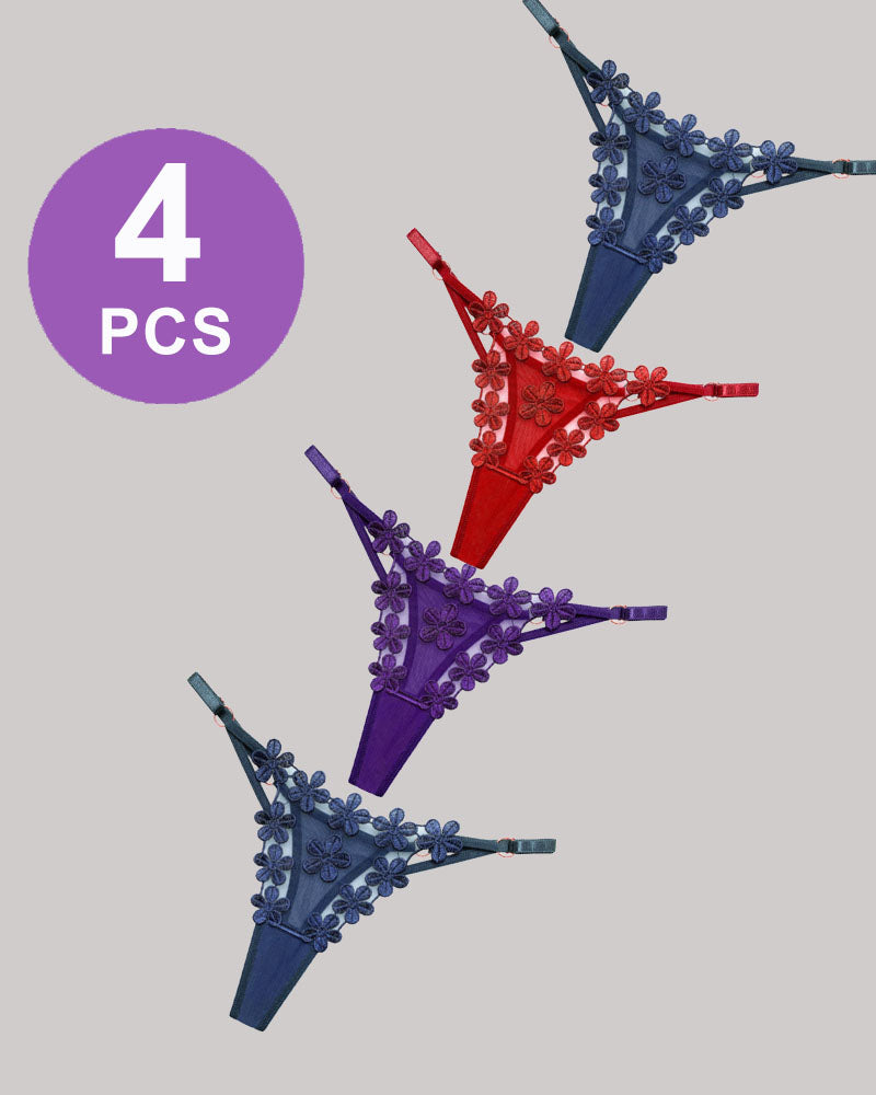 Flower lace thong panties set of 4 in various colors, floral design, and "4 PCS" label.