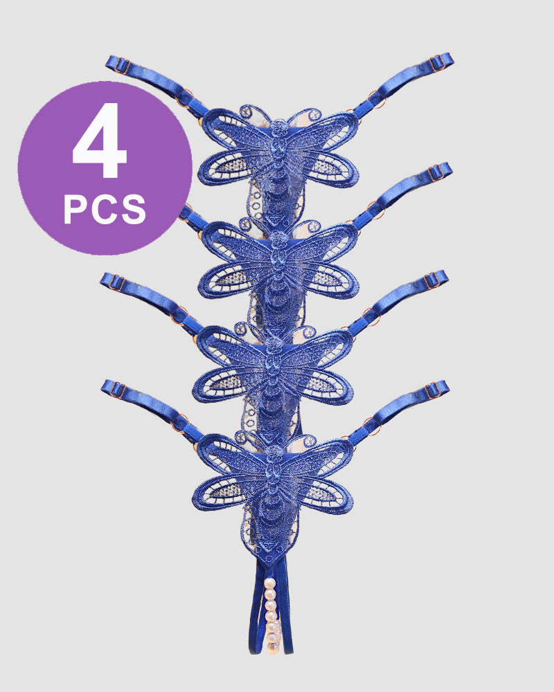 Set of 4 Perspective Pearl Crotchless Thong Panties with butterfly embroidery and pearl details.