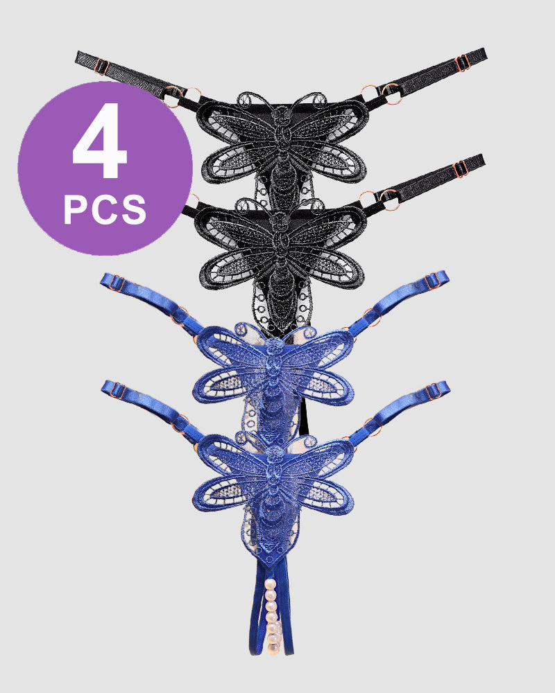 Crotchless thong panties set with butterfly embroidery and pearl accents, 4 pieces.