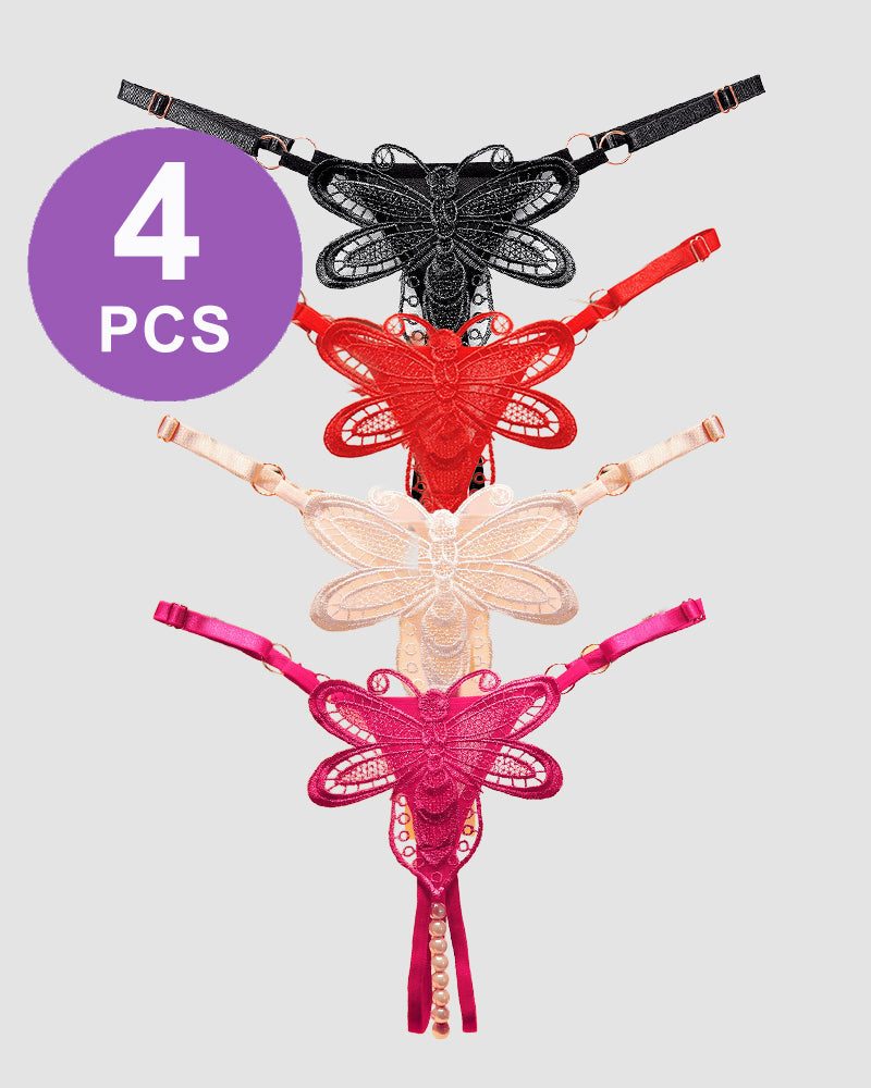 Perspective pearl crotchless thong panty set with butterfly embroidery and pearl details, 4 pieces.