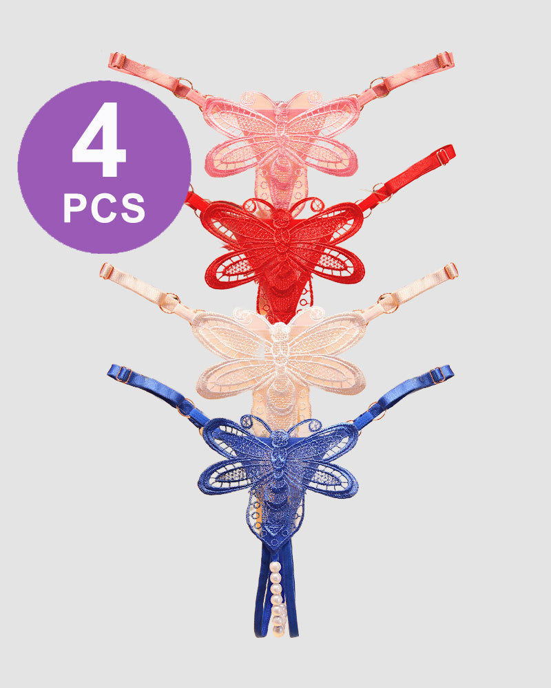 Avidlove Perspective Pearl Crotchless Thong Panty Set - 4 Pieces, Butterfly Embroidery