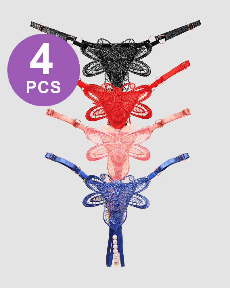 Perspective Pearl Crotchless Thong Panty Set - 4 Pieces with Butterfly Embroidery and Pearl Details