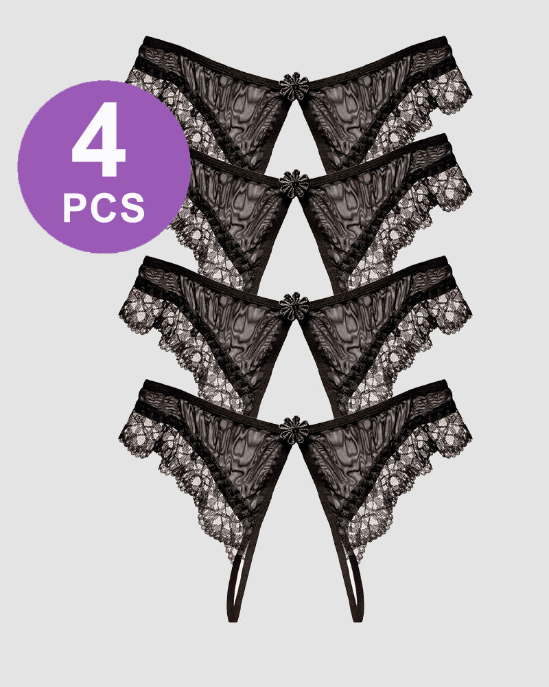 Set of 4 Black Crotchless Lace Low Waist Thong Panties with Floral Design