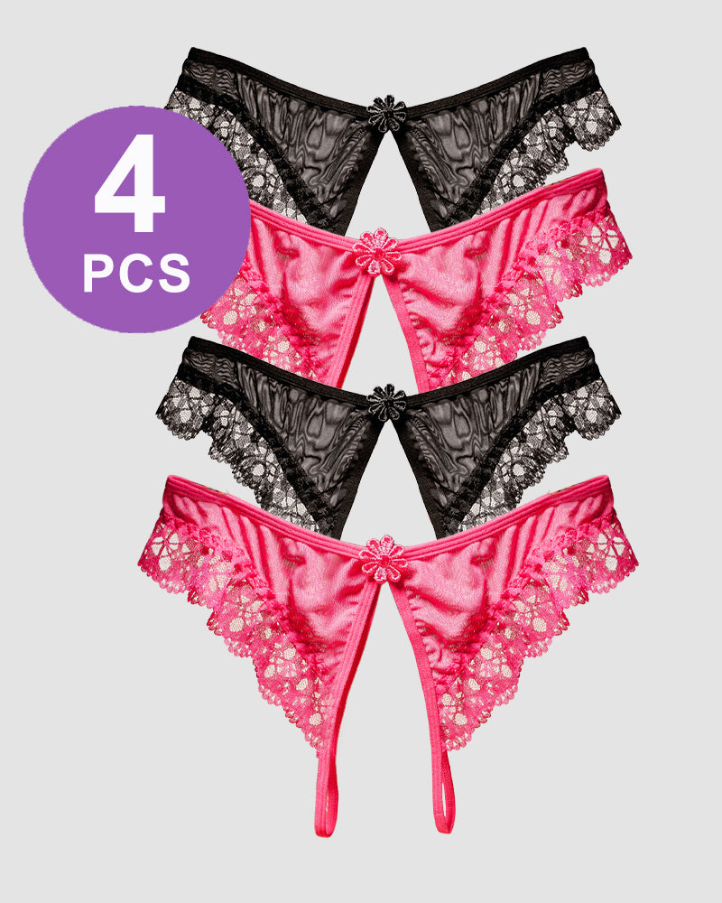 Set of 4 Crotchless Lace Thong Panties in Black and Pink with Floral Design