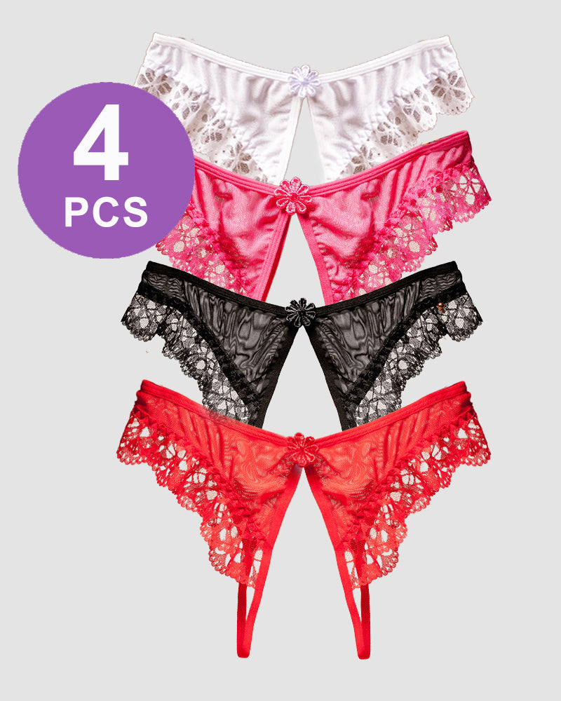 Set of 4 Crotchless Lace Low Waist Thong Panties in White, Pink, Black, and Red with Floral Design