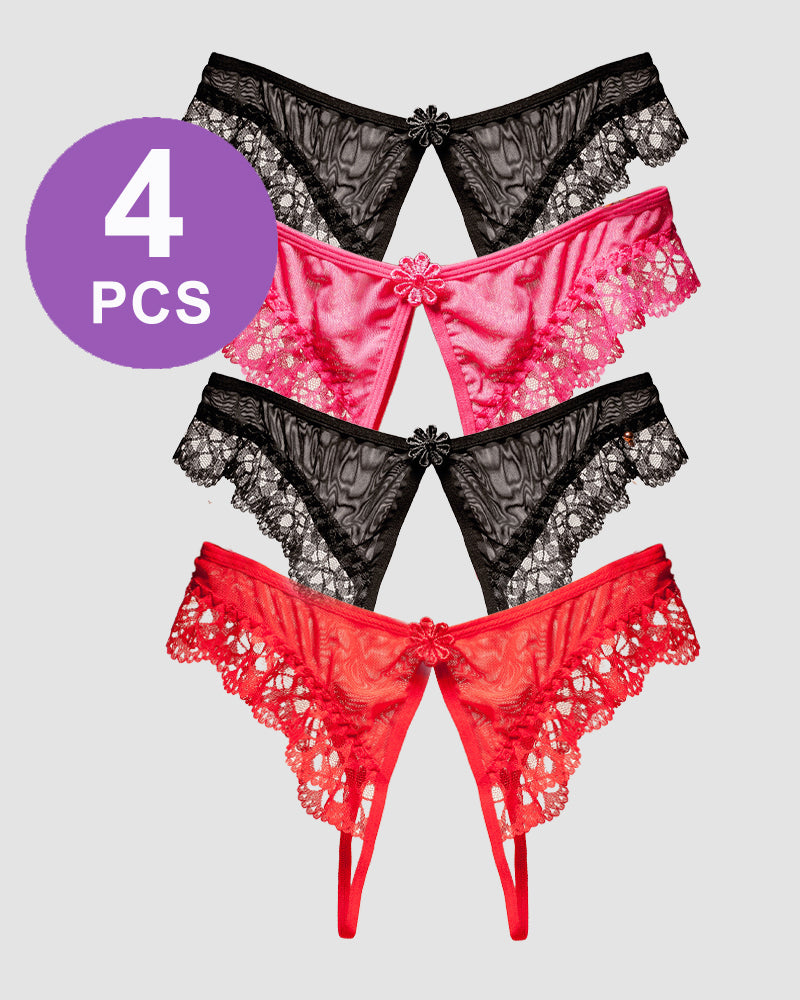 Set of 4 Crotchless Lace Thong Panties in Black, Pink, and Red with Floral Design