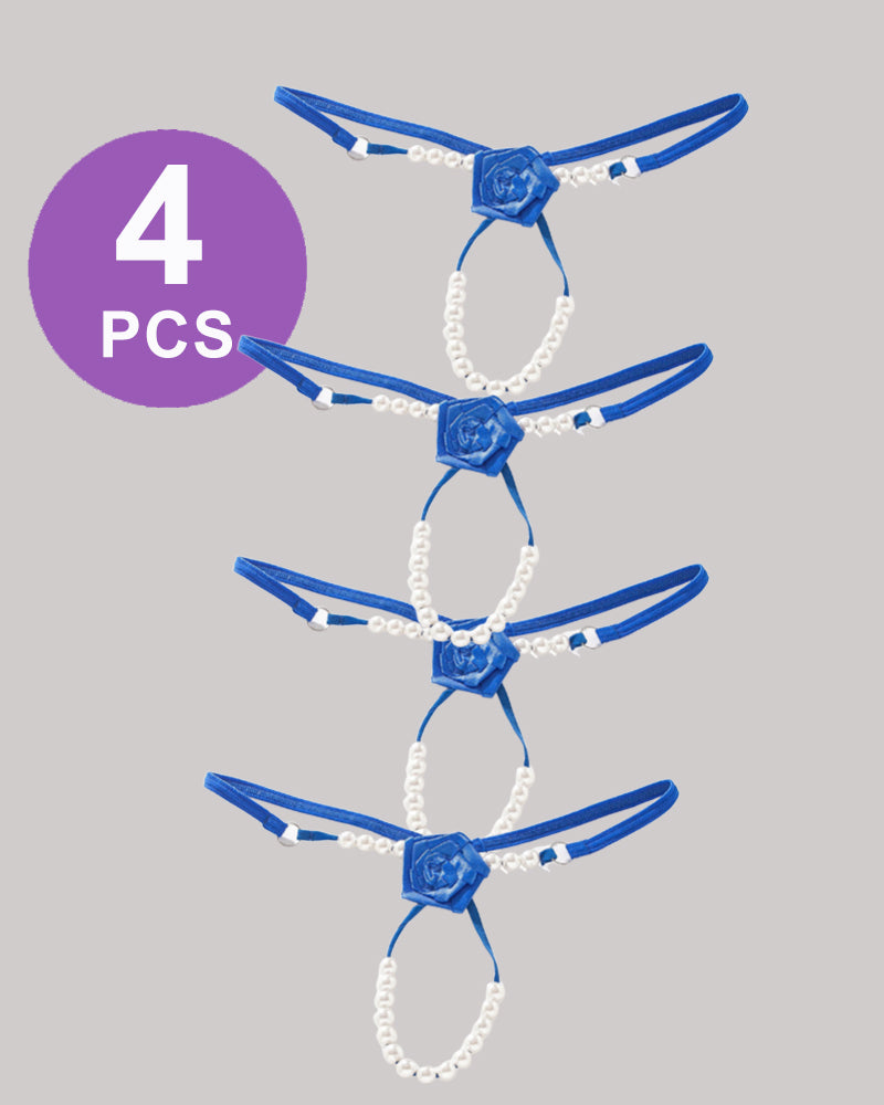 Pearl Rose Thong Panty Set, 4 PCS, featuring blue rose and pearl details. Low waist, sexy lingerie.