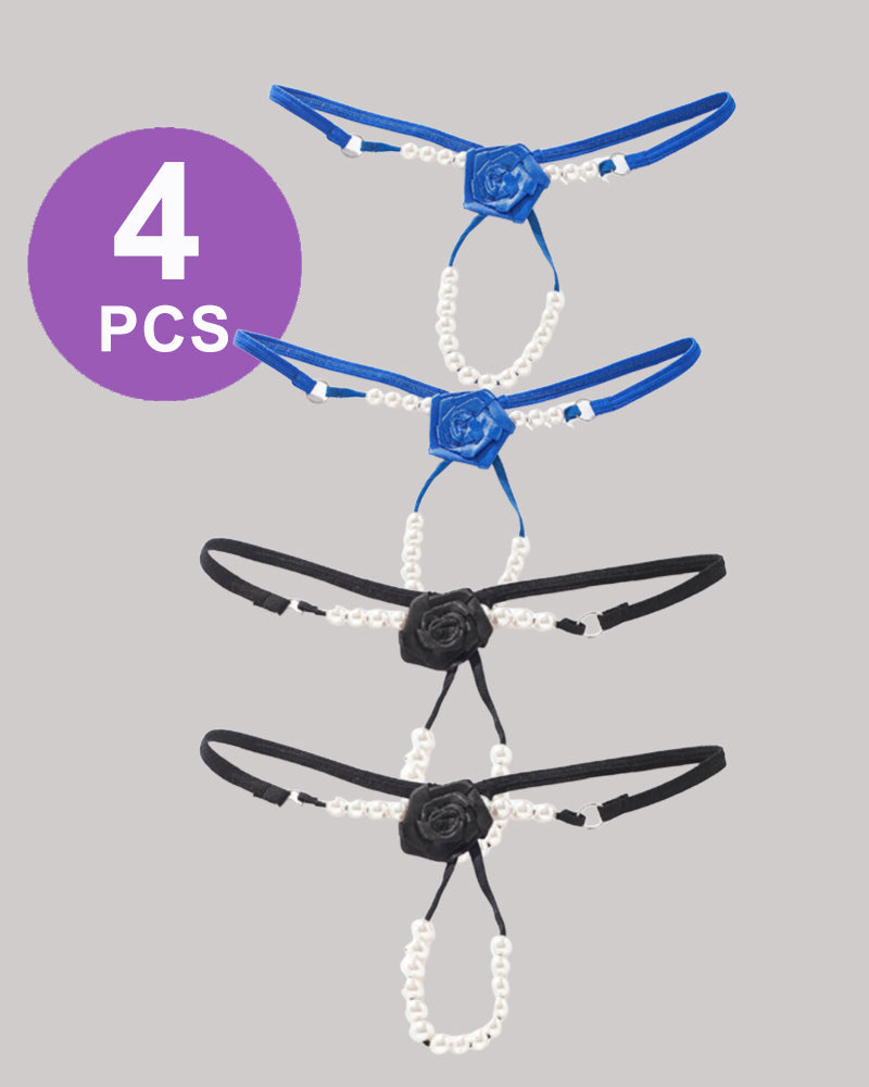 Pearl Rose Thong Panty Set, 4 PCS, blue and black rose details, pearl accents, low waist lingerie.